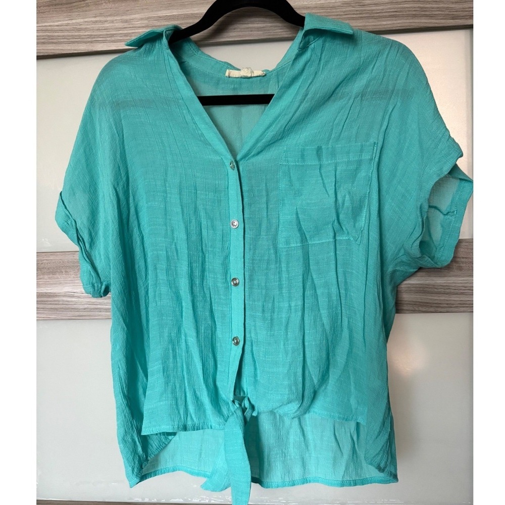 Parallel Skies Turquoise Tie Front Button Down Textured Short Sleeve Top Medium